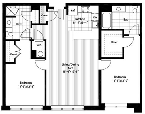 Floor plan for 2 beds, 2 baths, 1164 sqft